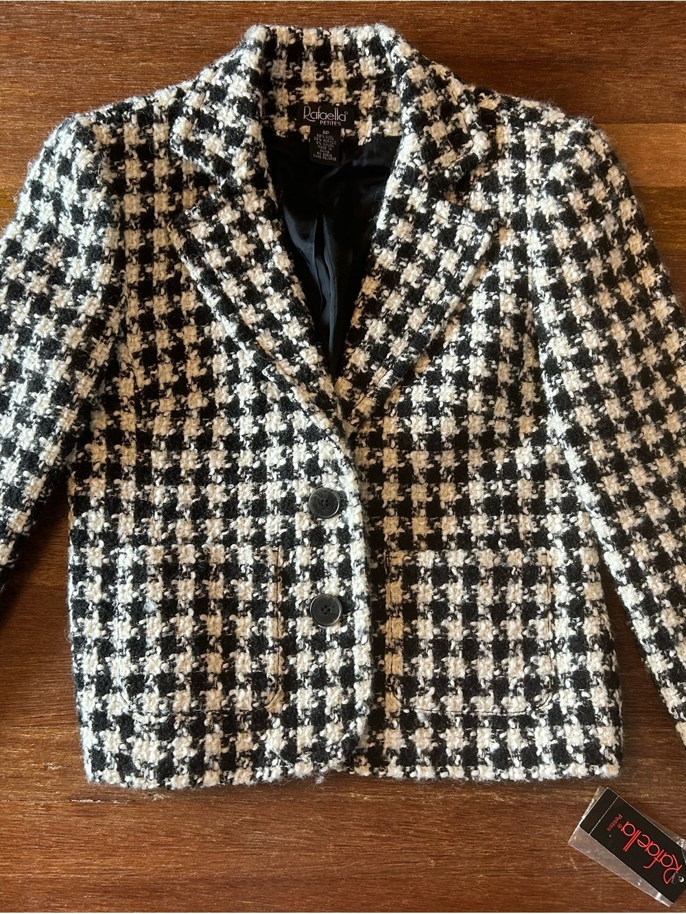 NWT Rafaella Petites 8P Black Cream Wool Blend Novelty Check Jacket Blazer